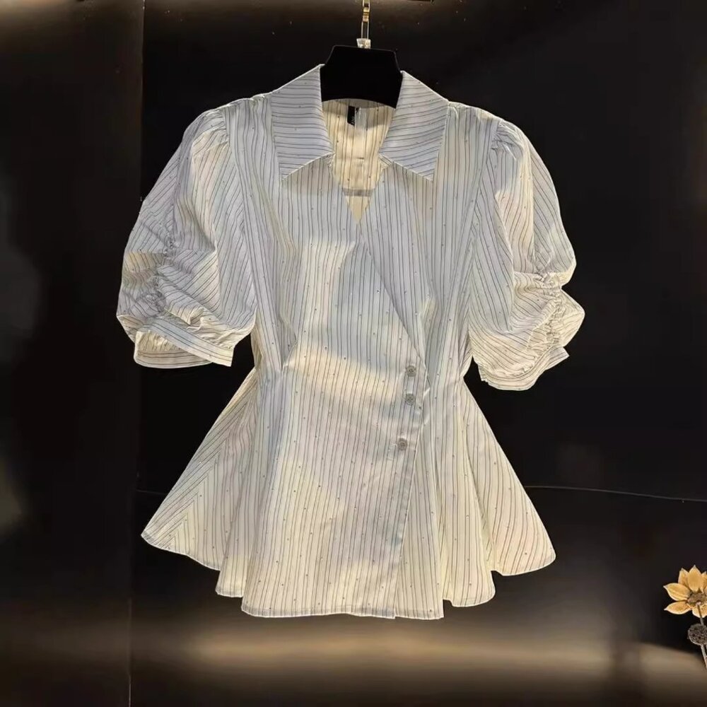 New French Polo Collar Striped Short Sleeve Shirt